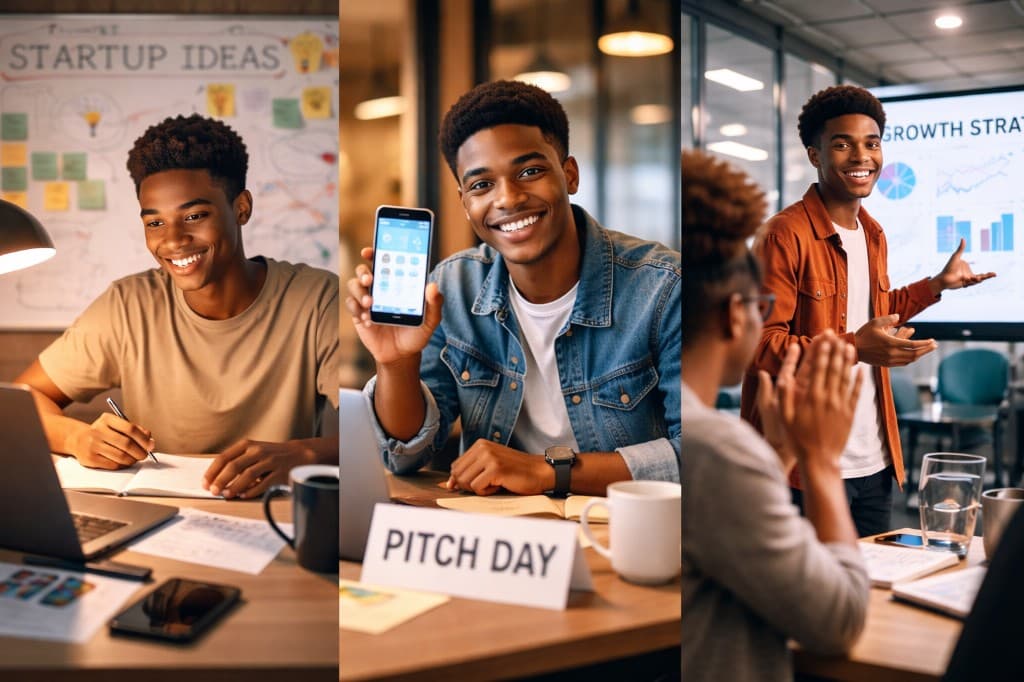 Founders ideating, pitching on pitch day, and sharing growth strategy